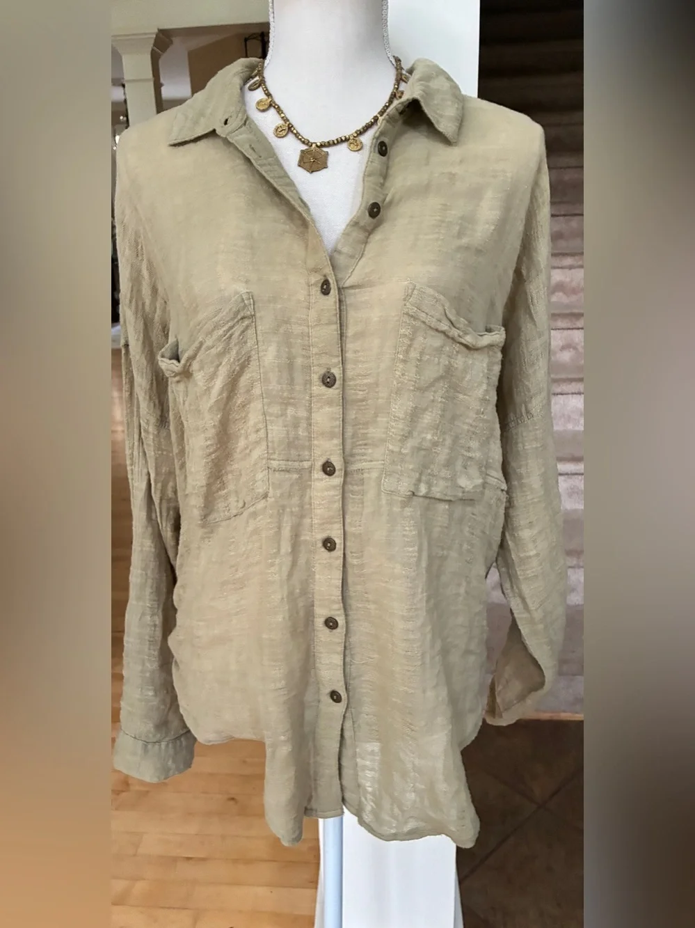 Free People Celery Green Textured Button-Down Shirt with tie back